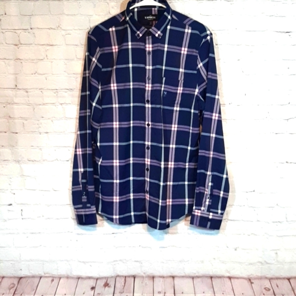 Express  Stretch Men's Moisture Wicking Blue Pink Checked Shirt‎ M